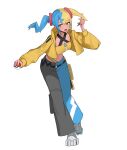  1girl absurdres aqua_hair bandeau black_mask blonde_hair blue_eyes boots breasts canari_(pokemon) commentary_request criss-cross_straps dark-skinned_female dark_skin full_body highres jacket large_breasts long_sleeves looking_at_viewer mask mask_pull midriff mouth_mask multicolored_hair multicolored_nails navel open_mouth pants pokemon pokemon_legends:_z-a short_twintails simple_background smile solo split-color_clothes split-color_hair sports_bra standing standing_on_one_leg totwo twintails two-tone_hair two-tone_mask two-tone_pants white_background white_boots yellow_bandeau yellow_jacket yellow_mask yellow_sports_bra 