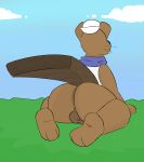 3_toes absurd_res all_fours anthro backsack balls beaver big_butt bottomless broadside_beach buckteeth bucky_beaver butt clothed clothing delta's_art feet genitals headgear hi_res kneeling male mammal outside presenting presenting_hindquarters raised_tail rodent simple_background slightly_chubby solo tail teeth thick_thighs toes topwear whiskers