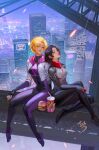  2girls bird black_bodysuit black_hair blonde_hair bodysuit breasts building burger cindy_moon city closed_eyes comic_cover commentary cover cover_page covered_navel cropped_jacket cup drinking_straw english_commentary fan_yang_(jiuge) food french_fries gwen_stacy heart jacket leaning_on_person marvel medium_breasts multicolored_bodysuit multiple_girls neckerchief night no_mask official_art parted_lips print_bodysuit purple_bodysuit purple_shoes purple_sky red_neckerchief shoes short_hair signature silk_(marvel) sitting sky skyscraper spider-gwen spider-man_(series) spider-verse spider-verse_(comics) spider_web_print superhero_costume textless_cover_page textless_version white_bodysuit white_jacket 