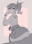  1boy ass bare_shoulders blush facing_away heart highres holding holding_poke_ball id_card krekkov looking_at_viewer mars_symbol poke_ball pokemon ponytail sitting skirt smile solo sweat tagme teeth trap 