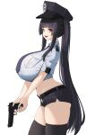  1girl :d absurdres amaterasu_(himegami_emaki) bare_shoulders belt black_belt black_hair black_hat black_necktie black_thighhighs blue_shirt blunt_bangs breast_pocket breasts collared_shirt commentary_request cowboy_shot crop_top cropped_shirt defaultkavy from_side gun handgun hat highres himegami_emaki holding holding_gun holding_weapon huge_breasts long_hair long_sidelocks looking_at_viewer micro_shorts necktie open_mouth peaked_cap pocket police police_uniform policewoman red_eyes shirt shorts shoulder_boards sidelocks simple_background smile solo standing thighhighs trigger_discipline twintails very_long_hair weapon white_background 