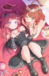  2girls ahoge angel_and_devil angel_wings belt black_boots black_dress blue_eyes blush boots box breasts brown_hair candy chocolate closed_mouth collar commentary_request cookie demon_wings detached_sleeves dress earrings elbow_rest flower_wreath food gakuen_idolmaster grin hair_bun hanami_saki hanami_ume hand_on_own_chest head_wreath heart heart-shaped_box heart-shaped_chocolate heart-shaped_food heart_earrings highres idolmaster jewelry lollipop long_hair looking_at_viewer lying macaron mouth_hold multiple_girls off-shoulder_dress off_shoulder on_back on_stomach red_hair ring small_breasts smile tamayume twitter_username two_side_up wings yellow_dress yellow_eyes 