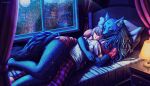  2026 animated anthro artist_name bed bedroom big_breasts biped blinking blue_body blue_fur blue_hair bottomwear breasts breathing canid canine canis city clothed clothed_anthro clothed_female clothed_human clothed_male clothing colored cuddling digital_media_(artwork) duo eyes_closed female fingers fluffy fluffy_tail fur furniture grey_hair hair happy head_on_chest human human_on_anthro humanoid_hands inside interspecies lamp larger_anthro larger_female light long_hair looking_at_another loop male male/female mammal moon moonlight night on_bed pants pattern_bottomwear pattern_clothing pattern_pants pillow pink_bottomwear pink_clothing pink_shirt pink_shorts pink_topwear pixel_(artwork) plaid plaid_bottomwear plaid_clothing plaid_pants raining romantic romantic_ambiance romantic_couple shaded shirt short_hair shorts size_difference smaller_human smaller_male smile sogemaji sparkles tail text topwear white_clothing white_shirt white_topwear window wolf 