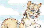  2020 ambiguous_gender american_ringtail attack_on_titan blonde_hair blue_eyes cloud domestic_cat felid feline felis feral feral_with_hair feralized fluffy fur hair historia_reiss mammal paws pink_nose raised_paw silveyytm sky solo spots star tan_body tan_fur turkish_angora white_body white_fur 