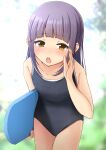  1girl black_one-piece_swimsuit blurry blurry_background blush brown_eyes check_commentary commentary_request competition_school_swimsuit hand_up highres kickboard long_hair looking_at_viewer one-piece_swimsuit open_mouth original purple_hair school_swimsuit shibacha solo swimsuit 