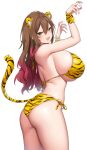  1girl absurdres animal_ears animal_print ass bikini breasts brown_hair cat_ears cat_tail claw_pose claws covered_nipples green_eyes highres large_breasts looking_at_viewer multicolored_hair original red_hair skindentation solo suruga_(xsurugax) swimsuit tail thighs tiger_ears tiger_print tiger_stripes tiger_tail yellow_bikini 