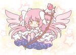  1girl blush bow brown_eyes chibi commentary_request commission dress flower full_body gloves hair_bow highres holding kaname_madoka long_hair mahou_shoujo_madoka_magica mitarashi_neko parted_lips pink_flower pink_hair pink_thighhighs pixiv_commission shoes solo star_(symbol) thighhighs two_side_up ultimate_madoka very_long_hair virtual_youtuber white_bow white_dress white_gloves white_shoes winged_shoes 