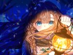  1girl anchor_hat_ornament beret blue_background blue_eyes blue_hat blue_neckerchief brown_hair covered_mouth dress hair_over_mouth hand_up hat hat_ornament highres hitsuki_(ruon) holding holding_lantern lantern long_hair marcus_(reverse:1999) neckerchief reverse:1999 solo sparkle upper_body white_dress 