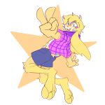  1:1 absurd_res anthro blue_highlights bottomwear clothing flannel_shirt floppy_ears fur gesture hand_gesture hi_res highlights_(coloring) jolt_(jackel_usami) jumping lagomorph leporid male mammal open_mouth open_smile purple_highlights rabbit shorts simple_background smile solo v_sign xing1 yellow_body yellow_fur 