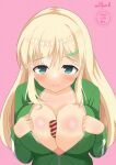  absurdres between_breasts blonde_hair blush body_blush breasts candy chocolate cleavage clothes_pull commentary_request food green_eyes green_track_suit hair_between_eyes hair_ornament hairclip heart heart-shaped_chocolate heart-shaped_food highres large_breasts long_hair looking_at_viewer nyanyol partially_unzipped senran_kagura senran_kagura_shoujo-tachi_no_shin'ei sidelocks smile track_suit yomi_(senran_kagura) 