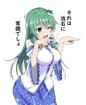  1girl bangs bare_shoulders blue_skirt blush breasts collar collared_shirt detached_sleeves eyebrows_visible_through_hair frog_hair_ornament green_hair hair_between_eyes hair_ornament hair_tubes hands_up kochiya_sanae long_hair long_sleeves medium_breasts one_eye_closed open_mouth pointing shirt simple_background skirt smile snake_hair_ornament solo standing touhou to~fuya white_background white_shirt wide_sleeves 