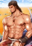  1boy abs bara beard cigarette clothing_aside cowboy_shot erection facial_hair final_fantasy final_fantasy_xv gladiolus_amicitia highres jewelry jockstrap large_pectorals looking_at_viewer male_focus male_pubic_hair male_underwear male_underwear_aside male_underwear_pull mature_male medium_hair muscular muscular_male navel navel_hair necklace nipples pectorals pubic_hair pulled_by_self smoking solo stomach topless_male uncensored underwear underwear_only white_male_underwear zhangp 