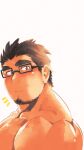  1boy bara black-framed_eyewear blush brown_hair facial_hair from_side glasses goatee higemorigen highres large_pectorals looking_at_viewer male_focus mature_male muscular muscular_male nude original pectorals short_hair sideburns solo thick_eyebrows upper_body 