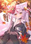  1girl animal_ears bell choker fox_ears fox_tail grey_hair hair_ornament highres japanese_clothes kimono leaf looking_at_viewer mask mikaze_oto original pale_skin silver_hair tail thighhighs thighs twintails virtual_youtuber white_hair yellow_eyes 