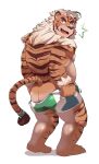  1boy absurdres ahoge animal_ears ass bara beard belly blue_eyes facial_hair fangs full_body furry furry_male highres hombre_tigre_(housamo) looking_at_viewer male_focus motion_lines muscular muscular_male orangetaming plump solo standing surprised tail tail_ornament tail_ring thick_eyebrows thick_thighs thighs tiger_boy tiger_ears tokyo_afterschool_summoners topless_male undressing white_hair wrestling_outfit 
