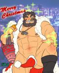  1boy abs ass_visible_through_thighs bara bare_pectorals beard boots christmas cigar ded_(housamo) facial_hair feet_out_of_frame galeoria grin hat hat_on_penis jewelry knee_boots large_pectorals looking_at_viewer male_focus mature_male merry_christmas muscular muscular_male navel necklace nipples no_pants pectorals santa_hat short_hair smile solo sparkle stomach thick_eyebrows thick_thighs thighs tokyo_afterschool_summoners 