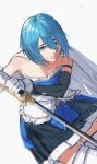  1girl absurdres blue_eyes blue_hair cape gloves hands_on_hilt highres holding holding_sword holding_weapon magical_girl mahou_shoujo_madoka_magica miki_sayaka nzenzenzenze short_hair sleeveless solo sword torn_cape torn_clothes weapon 