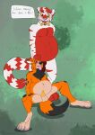  anthro balls bobabanditad both_pregnant canid canine collar digitigrade duo felid fox genitals hi_res male male/male mammal nude pantherine penis pregnant pregnant_male sitting speech_bubble standing text tiger 