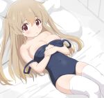  1girl areolae bangs bed blush breasts brown_hair cleavage collarbone covered_navel highres large_breasts long_hair looking_at_viewer lying minagi_koharu on_back on_bed oppai_loli pillow school_swimsuit sincos slow_loop solo swimsuit thighhighs two_side_up 