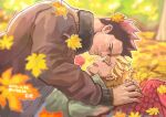  2boys autumn_leaves beard blonde_hair blue_eyes blurry blurry_background blurry_foreground boku_no_hero_academia burn_scar couple dated depth_of_field earrings endeavor_(boku_no_hero_academia) facial_hair facial_mark falling_leaves feathered_wings fingers_together fur-trimmed_jacket fur_trim goatee hawks_(boku_no_hero_academia) highres holding_hands jacket jewelry leaf leaf_on_head lying lying_on_person male_focus mature_male multiple_boys mustache oike26 on_back on_ground red_feathers red_hair scar scar_across_eye scar_on_face scar_on_mouth scar_on_neck short_hair sideburns signature size_difference stubble stud_earrings twitter_username very_short_hair wings yaoi yellow_eyes 