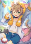  1boy alarm_clock animal_ears blush brown_hair cat cat_boy cat_ears cat_tail choker clock green_eyes highres leeannpippisum looking_at_viewer male_focus one_eye_closed original pale_skin pillow shirt shorts stuffed_toy tail tired white_shirt yawning 