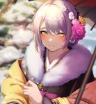  1girl 3_small_spiders absurdres bangs blonde_hair blush closed_mouth earrings eyebrows_visible_through_hair flower fur-trimmed_kimono fur_trim girls&#039;_frontline hair_between_eyes hair_flower hair_ornament highres japanese_clothes jewelry kimono looking_at_viewer official_alternate_costume oil-paper_umbrella short_hair smile solo umbrella upper_body vector_(girls&#039;_frontline) winter yellow_eyes 