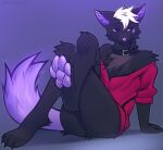  2022 angiewolf anthro butt clothing collar featureless_crotch fur hi_res lidded_eyes male mammal purple_background red_clothing red_topwear simple_background smile solo topwear underpaw 