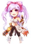  1girl bangs barefoot belt black_belt black_gloves black_pants blush bow breasts championship_belt chibi clothes_around_waist commentary_request flame_print foot_wraps full_body gauntlets gloves hair_bow jewelry large_bow long_hair looking_at_viewer lowres medium_breasts necklace open_mouth pants pink_hair purple_eyes ragnarok_online red_bow sarashi shirt shirt_around_waist simple_background sion_(blackhorse) smile solo sura_(ragnarok_online) white_background white_shirt 