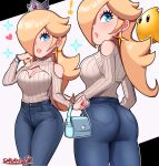  ! 1girl absurdres ass bag blonde_hair blue_eyes bracelet breasts casual cleavage cleavage_cutout clothing_cutout crown curvy denim earrings eyelashes hair_over_one_eye handbag heart highres jeans jewelry luma_(mario) mario_(series) mini_crown narrow_waist pants rosalina sarukaiwolf shoulder_cutout smile star_(symbol) star_earrings super_mario_galaxy turtleneck wide_hips 