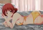  1girl artist_name ass bangs bed bikini blush closed_mouth commentary_request curtains dated from_side hand_in_hair happy_birthday highres idolmaster idolmaster_million_live! indoors looking_at_viewer lying nonohara_akane on_bed on_stomach ponpon red_eyes red_hair short_hair signature smile solo swimsuit yellow_bikini 