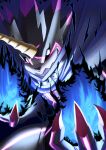  absurd_res anthro bandai_namco belt black_body blue_fire cape claws clothing colored_fire digimon digimon_ghost_game evil_grin fire grusgammamon hase_popopo hi_res horn male powering_up sharp_claws sharp_teeth smile solo teeth 