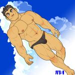  1boy abs bara black_male_swimwear blush bulge cloud cloudy_sky feet_out_of_frame galeoria large_pectorals long_sideburns looking_at_viewer male_focus master_3_(housamo) muscular muscular_male navel nipples pectorals print_male_swimwear short_hair sideburns sky smile solo stomach thick_thighs thighs tokyo_afterschool_summoners topless_male 