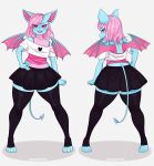 &lt;3 absurd_res black_bottomwear black_clothing black_skirt blue_body bottomwear chiropteran clothed clothing girly graveyardcat hair hand_on_hip hi_res male mammal pink_eyes pink_hair pose rear_view skirt solo spade_tail terry_bat wings 