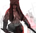  1girl bear_pelt blue_eyes braid breasts closed_mouth collarbone dual_wielding fang_necklace fingerless_gloves fur_trim gloves holding holding_sword holding_weapon jewelry large_breasts lips long_hair mrkg_(arsfatuus) navel necklace original pelt scar scar_on_face single_braid solo_focus sword weapon 