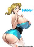  1girl ass blonde_hair blue_dress blue_eyes breasts bubbles_(ppg) character_name cowboy_shot dress earrings highres huge_breasts jewelry medium_hair nipple_slip nipples older parted_lips powerpuff_girls shadow short_dress simple_background smile solo strapless strapless_dress twintails web_address white_background yuzhou 