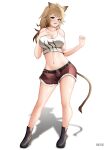  1girl :d absurdres animal_ears arknights bangs bare_arms bare_legs bare_shoulders black_footwear breasts brown_hair brown_shorts character_name collarbone commentary crop_top english_commentary full_body fur-trimmed_shorts fur_trim hand_on_own_chest hands_up highres large_breasts lion_ears lion_tail long_hair looking_at_viewer midriff navel shadow shoes short_shorts shorts siege_(arknights) simple_background smile solo standing stomach tail tank_top thighs white_background white_tank_top yan_kodiac yellow_eyes 
