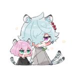  1000jx 1boy 1girl ahoge akashi_senju animal_ears animal_hands bangs black_hoodie blue_eyes blush closed_mouth earrings excited expressionless eyebrows eyelashes fang fang_out grey_hoodie hair_between_eyes hair_over_one_eye highres hood hoodie imaushi_wakasa jewelry leopard_ears leopard_tail long_sleeves nachiya nose_blush open_mouth pink_hair purple_eyes short_hair single_earring smile snow_leopard tail teeth tokyo_revengers tongue twitter_username upper_body white_background 