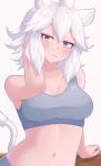  1girl :3 absurdres alternate_costume alternate_hair_length alternate_hairstyle animal_ears arm_up blue_eyes blush bra breasts cleavage closed_mouth collarbone eka_kinoko eyebrows_visible_through_hair grey_bra grey_sports_bra highres kemono_friends large_breasts lion_ears lion_girl lion_tail looking_at_viewer navel smile solo sports_bra tail underwear white_hair white_lion_(kemono_friends) 