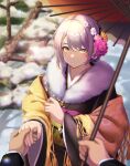  1girl 3_small_spiders :o absurdres bangs blonde_hair blush earrings eyebrows_visible_through_hair feet_out_of_frame flower fur-trimmed_kimono fur_trim girls&#039;_frontline hair_between_eyes hair_flower hair_ornament hand_grab highres holding holding_hands holding_umbrella japanese_clothes jewelry kimono looking_at_viewer official_alternate_costume oil-paper_umbrella open_mouth short_hair solo standing umbrella vector_(girls&#039;_frontline) winter yellow_eyes 