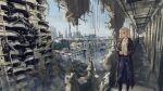  1girl absurdres black_coat blonde_hair blue_eyes blue_sky building city closed_mouth coat commentary denim english_commentary feet_out_of_frame highres jeans long_sleeves original overgrown pants ruins scenery shirt short_hair sky skyline solo white_shirt yuu_akine 