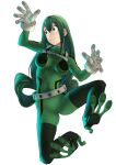  :&gt; asui_tsuyu bodysuit boku_no_hero_academia breasts climbing_wall clinging frog_girl glass_wall gloves green_eyes green_hair hair_between_eyes highres kobaji long_bangs long_hair low-tied_long_hair sidelocks simple_background smile stuck through_wall turtleneck white_background 