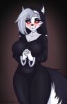  2022 anthro artist_name big_breasts black_body black_clothing black_fur black_headwear black_nose blush breasts canid canid_demon canine canis clothed clothing demon digital_media_(artwork) eyelashes eyeshadow facial_tuft female fingers fur grey_body grey_fur grey_hair hair half-closed_eyes hands_together headgear headwear hellhound helluva_boss hi_res inner_ear_fluff looking_at_viewer loona_(helluva_boss) makeup mammal multicolored_body multicolored_fur narrowed_eyes nipple_outline notched_ear nun portrait red_sclera sherilane simple_background smile solo standing three-quarter_portrait tuft white_body white_clothing white_eyes white_fur white_headwear wolf 