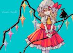  1girl ascot back_bow bangs blonde_hair blue_background bow character_name closed_mouth collar collared_shirt crystal dress eyebrows_visible_through_hair flandre_scarlet hair_between_eyes hat hat_ribbon highres jewelry laevatein_(touhou) looking_to_the_side mob_cap multicolored_wings one_side_up polearm puffy_short_sleeves puffy_sleeves red_dress red_eyes red_ribbon ribbon shirt short_hair short_sleeves simple_background solo spear standing star_(symbol) touhou wavy_hair weapon white_bow white_headwear white_shirt wings wrist_cuffs yellow_ascot yuka_yukiusa 