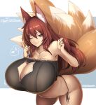  16.6_(artist) 5_fingers 9_tails animal_humanoid big_breasts biped black_bra black_clothing black_panties black_underwear blue_background blue_eyes bra breasts canid canid_humanoid canine canine_humanoid cleavage cleavage_cutout clothed clothing digital_media_(artwork) dipstick_tail female fingers fox_humanoid front_view fur glistening glistening_body glistening_breasts glistening_fur glistening_hair glistening_skin glistening_tail hair hi_res huge_breasts humanoid humanoid_hands inner_ear_fluff leaning leaning_forward long_hair looking_at_viewer mammal mammal_humanoid markings monotone_hair multi_tail multicolored_body multicolored_fur musical_note nipples one_eye_closed panties pink_inner_ear portrait red_body red_ears red_fur red_hair side-tie_panties simple_background skimpy smile solo speech_bubble standing tail_markings three-quarter_portrait three-quarter_view translucent translucent_bra translucent_clothing translucent_topwear translucent_underwear tuft two_tone_tail underwear underwear_only white_body white_fur white_inner_ear_fluff white_tail wink 