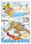  5_fingers 5_toes abs angry anthro beach biceps big_muscles blonde_hair blue_glow brown_body brown_fur canid canine canis clenched_teeth coconut comic dialogue domestic_dog drupe_(fruit) english_text evil_face evil_laugh feet fingers food fruit fur glowing glowing_eyes guss_(vju79) hair hi_res male mammal muscular muscular_anthro muscular_male nipples nude onomatopoeia palm_tree pecs plant pounce profanity sand sea seaside sky solo sound_effects teeth text toes tree water wolf 
