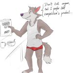  2021 anthro brown_body brown_fur bulge canid canine canis cereal cereal_box chip_the_wolf clothing cookie_crisp english_text food fur humanoid_hands jads_l_rutan male mammal shirt solo text topwear underwear wolf 
