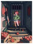  1girl absurdres apple boots food fruit highres holding holding_food holding_fruit jacket long_hair mahou_shoujo_madoka_magica open_mouth ponytail red_eyes red_hair sakura_kyouko sanyang003 shorts solo 