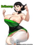  1girl bangs bare_shoulders black_choker black_hair blunt_bangs breasts buttercup_(ppg) character_name choker cowboy_shot dress earrings green_dress green_eyes hands_up highres huge_breasts jewelry medium_hair nipple_slip nipples parted_lips powerpuff_girls short_dress simple_background skindentation smile solo strapless strapless_dress thighhighs web_address white_background white_legwear yuzhou 