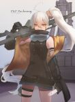  1girl ahoge bangs black_dress black_gloves black_jacket character_name dress eyebrows_visible_through_hair eyewear_around_neck feet_out_of_frame girls&#039;_frontline gloves gun hetare_galm_sue highres holding holding_gun holding_knife holding_weapon jacket knife light_brown_eyes long_hair long_sleeves looking_at_viewer machine_gun open_clothes open_jacket pkp_(girls&#039;_frontline) pkp_pecheneg russian_text safety_glasses side_ponytail silver_hair simple_background solo standing very_long_hair weapon 
