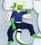  accessory anthro barefoot bed bed_sheet bedding black_bottomwear black_clothing black_pants blonde_hair blue_clothing blue_shirt blue_t-shirt blue_topwear bodily_fluids bottomwear bulge clothed clothing dragon eyes_closed feathered_wings feathers feet fur furgonomics furniture furred_dragon giru_(artist) green_body green_fur hair hand_on_leg hand_on_thigh head_on_pillow hi_res jewelry lying male on_back on_bed open_mouth pants pillow saliva shirt sleeping solo t-shirt tail_accessory tail_bracelet tail_jewelry topwear white_body white_fur wings young yuri_(giru) 
